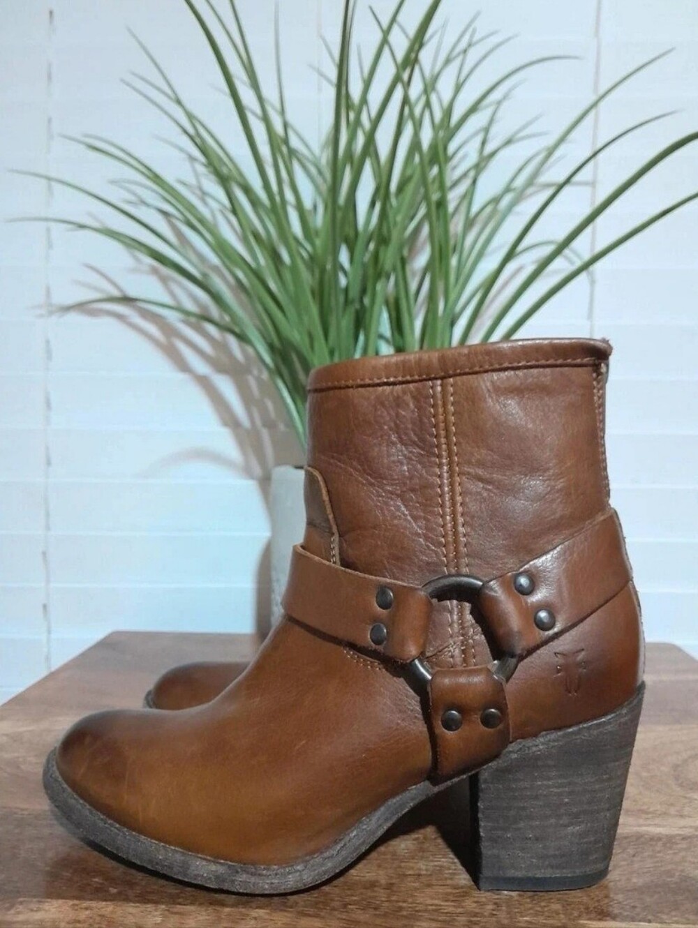 Frye Brown Leather Ankle Boots with Harness Strap